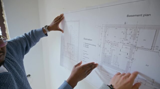 African American and Caucasian male architects holding basement plan blueprint on wall, pointing at details and discussing layout. Clip suitable for home renovation and architectural design marketing