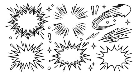Set of hand drawn comic book style explosion elements and speech bubbles for graphic design projects © Nahid
