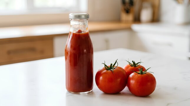 Glass bottle of homemade tomato ketchup beside three ripe red tomatoes on clean white kitchen counter with soft natural light