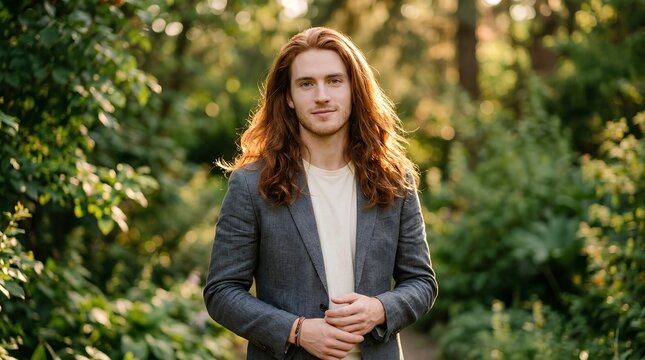 Handsome young man with long flowing red hair wearing a gray blazer over a white shirt standing outdoors against a softly blurred green leafy natural background in warm golden light