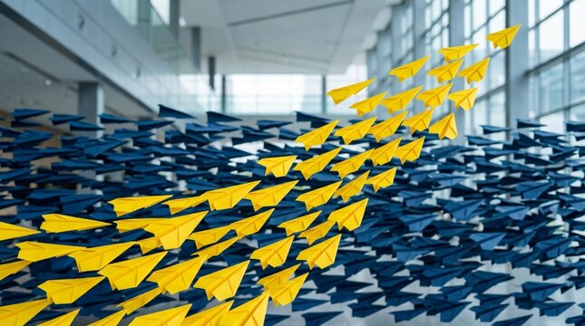 Yellow paper airplanes breaking away from blue swarm in modern office, bold leadership and differentiation business strategy concept