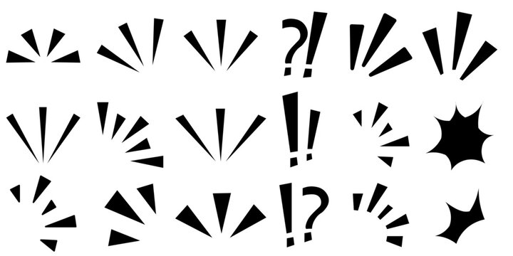 Black emphasis marks and comic emotion lines set with exclamation points, question marks, and action rays. Manga speech bubble details on white background for graphic design.