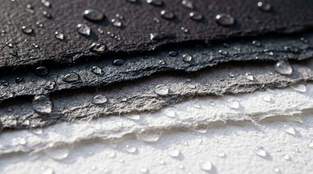 Close-up of layered handmade paper textures transitioning from deep charcoal black to crisp white, covered with glistening water droplets on rough fibrous surface