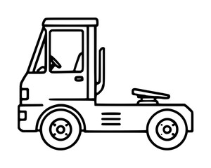 Naklejka premium Black line vector illustration of a vintage cab-over flatbed tow truck silhouette, hand-drawn outline style, isolated on white background, retro industrial vehicle icon, minimalist automotive design,