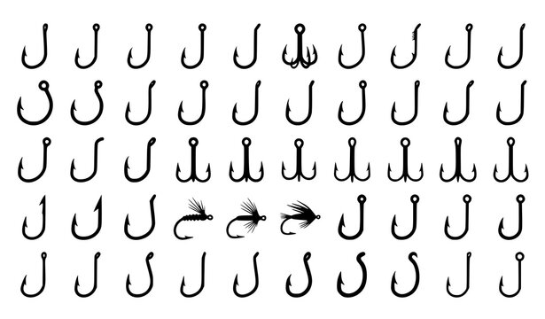 Collection of various fishing hooks and fly fishing lures isolated on a white background