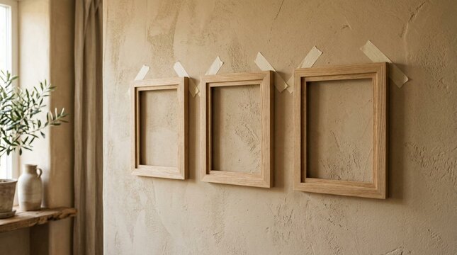 Three bare wooden picture frames hung in neat row on textured cream stucco wall with masking tape, rustic interior mockup with olive plant on wooden ledge