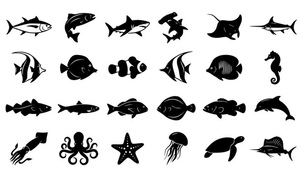 Collection of various marine life silhouettes including fish shark octopus and sea turtle icons on white background