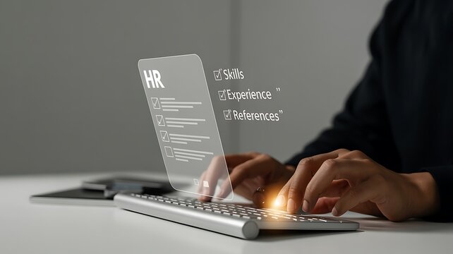 Professional Interacting with Futuristic Digital Human Resources Data for Job Application Review