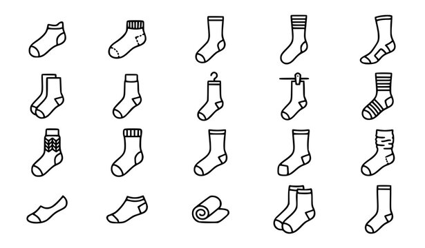 Set of various socks icons in a simple hand drawn doodle style for clothing and fashion design