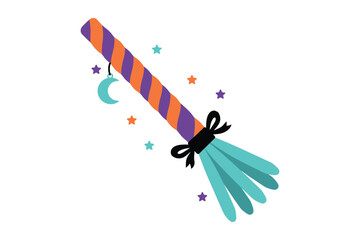 Obraz premium Cartoon Witch Broomstick Icon with Striped Handle and Teal Bristles and Glowing Colorful Star Accents and Moon Charm Decor for Halloween Graphics