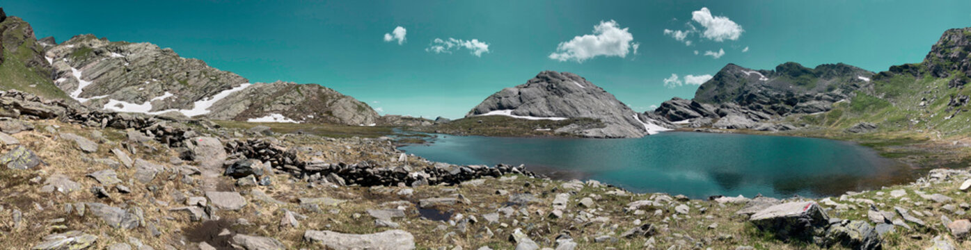 Panorama of Lake Lavagna in Texelgruppe Gruppo Di Tessa Nature Park during summer