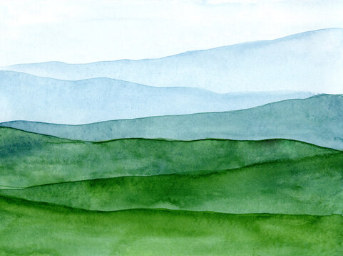 Abstract watercolor painting shows green hills and blue mountains