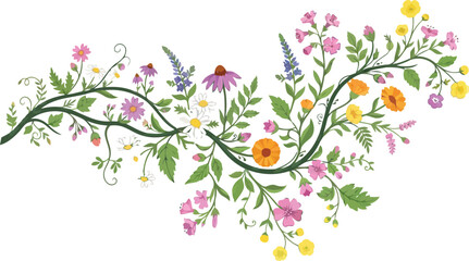 Beautiful hand drawn floral branch illustration with colorful spring wildflowers and leaves in a decorative artistic sketch style for wedding invitations and greeting cards © Marufin Art