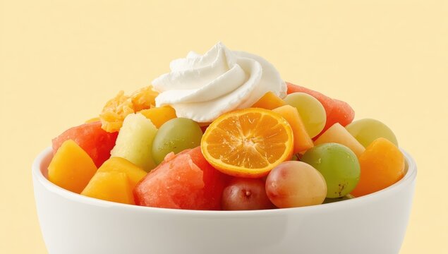 Assorted fruit salad with melons, orange, peaches, and grapes topped with whipped cream in a white bowl against a pale yellow backdrop. Close-up, side perspective.