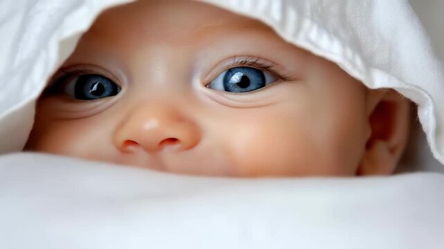 Innocent blue-eyed baby under white blanket