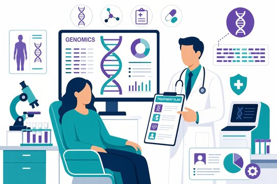 Personalized medicine and genomics concept illustration with doctor presenting treatment plan to patient