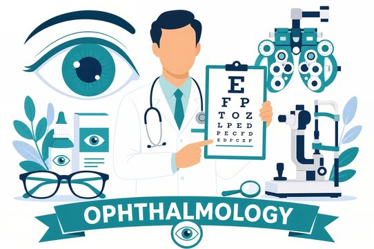 Ophthalmology concept illustration with eye doctor holding Snellen chart, phoropter, and slit lamp equipment