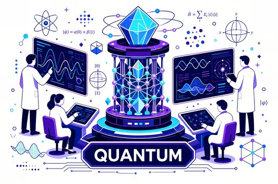 Quantum computing research illustration with scientists analyzing qubit processor and wave function data