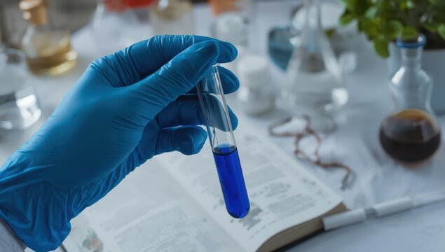 A hand in a blue glove grips a test tube containing a Copper Sulfate solution, known as CuSO4, used as a herbicide, fungicide, or root killer.