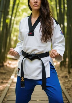 Strong Woman in White Martial Arts Uniform with Black Belt Standing in a Serene Bamboo Forest Path