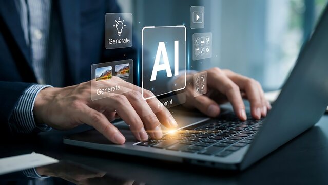 Professional Business Person Utilizing Advanced Artificial Intelligence Software Interface on Laptop for Digital Workflow Efficiency