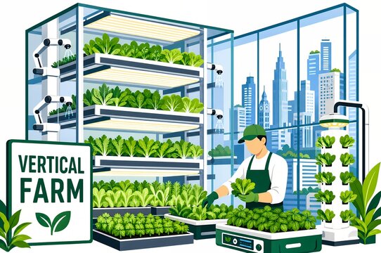 Vertical farming illustration with indoor hydroponic shelves, robotic arms, and urban agriculture worker in city greenhouse