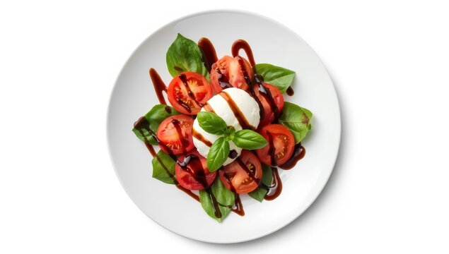 Burrata cheese, tomatoes, basil, and balsamic vinegar in a Caprese salad on a white plate against a white background, top view. High-quality image.