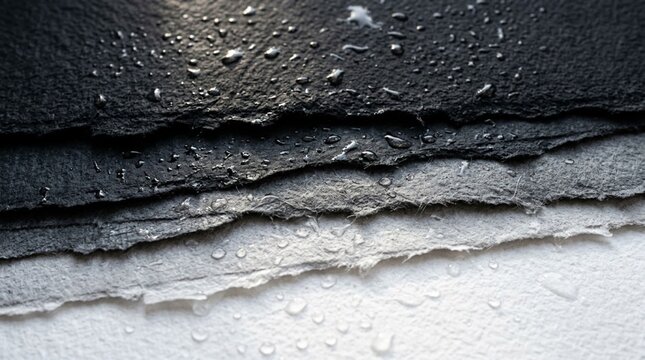 Close-up of layered dark charcoal and white paper textures with water droplets, transitioning from deep black at top to crisp white at bottom, dramatic gradient background, abstract minimalist design