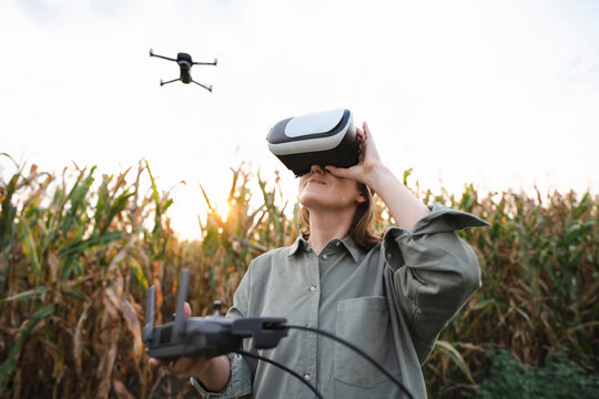 Woman with VR glasses and remote control operating drone in maize field