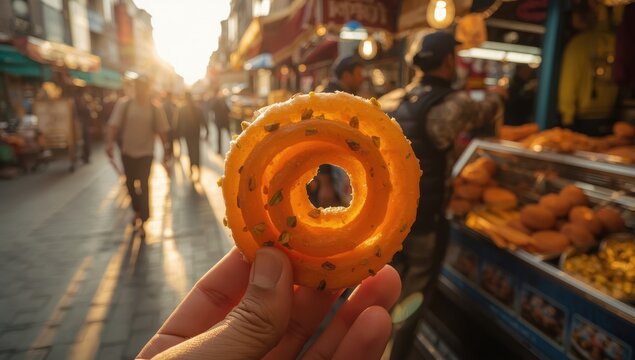 Halka Tatlisi held in hand. Turkish churros, popular street sweets, are circular desserts fried in oil and drizzled with honey syrup.