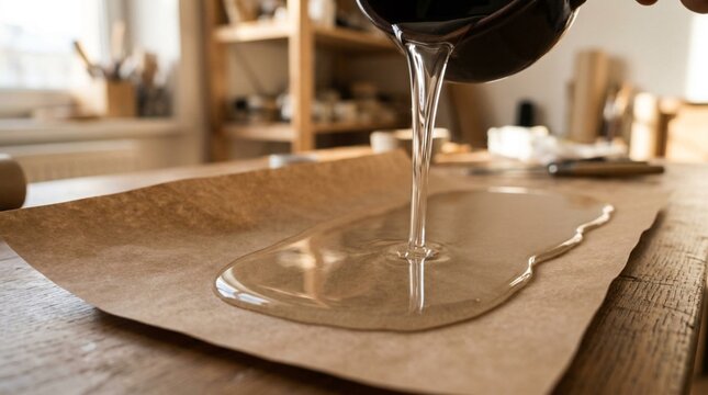 Glossy translucent liquid paraffin wax slowly pouring over brown kraft paper sheet on rustic wooden table, artisan candle making process in craft workshop with warm natural light