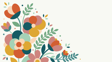 Fototapeta premium Charming abstract floral background with colorful flat flowers and leaves in a modern artistic style for spring greeting cards, wedding invitations, and elegant botanical stationery design themes