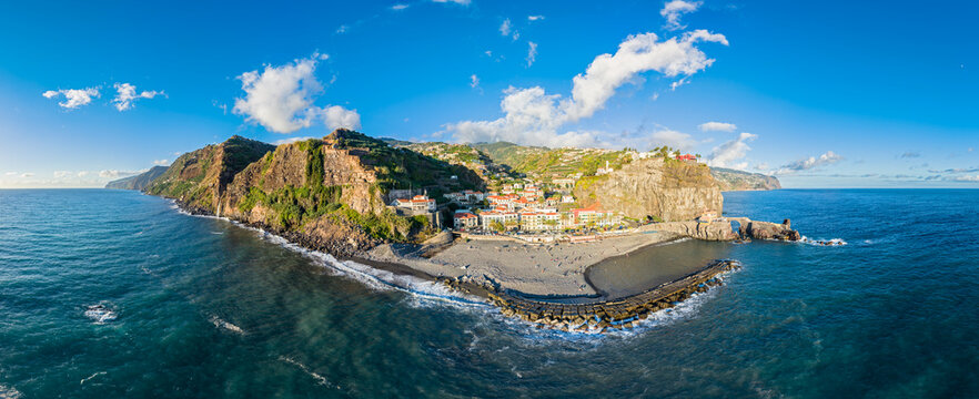 Aerial view of Ponta do Sol beach and village in Madeira Portugal