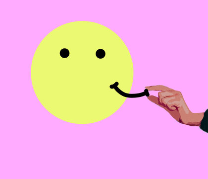 Hand placing or removing smile on anthropomorphic smiley face