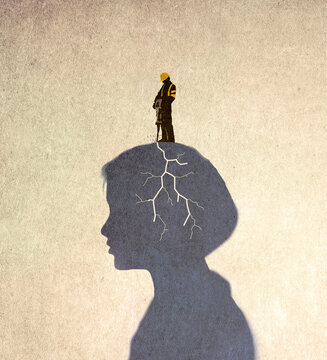 Illustration of construction worker operating jackhammer on top of woman's head