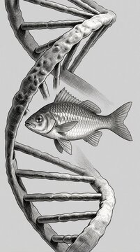 Fish swims beside DNA helix structure. Illustration depicts genetic code and aquatic life. Concept of biology, evolution, and scientific research. Simple graphic design, black and white.