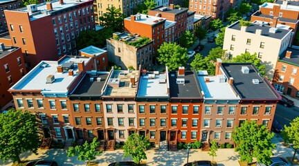 Fototapeta premium Aerial view of colorful brick row houses on a sunny city street. Trees line the sidewalk, cars parked along curb. Urban residential neighborhood architecture.