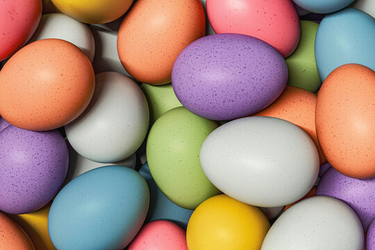 Heap of colorful speckled Easter eggs in a full frame view