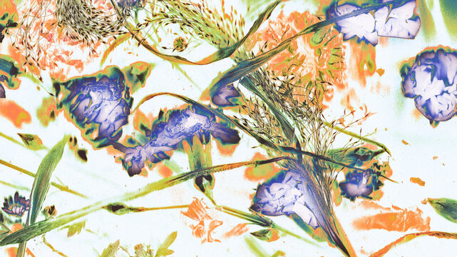 Abstract layered scanography of vibrant floral art and grass
