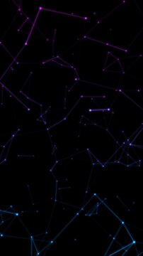 Vertical abstract digital node plexus network background with glowing purple and blue particles, technology story, mobile tech presentation and cyber data connection visual