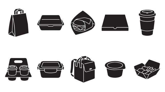 Black food delivery icons set, 10 takeaway packaging vector symbols, restaurant takeout containers and coffee cup silhouettes