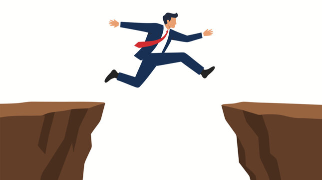 Businessman in navy suit leaps courageously across wide chasm between two rocky cliffs, red tie flying mid-air, bold flat vector illustration depicting risk-taking ambition