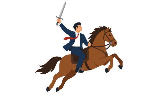Bold flat vector illustration of a businessman riding a galloping brown horse and raising a silver sword aloft, wearing a navy suit and red tie on a clean white background