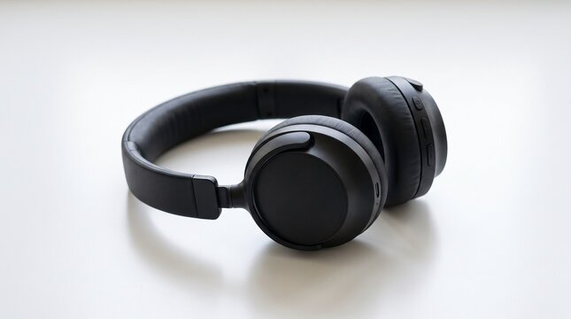 Black wireless headphones on white background. Modern audio headset for music listening.