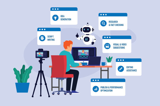 AI-Powered E-Commerce Business Assistant with Entrepreneur and Robot for Online Store Setup 2d flat vector illustration