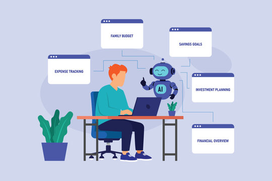 AI Financial Advisor  with Man and Robot Assistant for Smart Budgeting and Expense Management 2d flat vector illustration