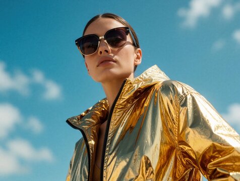 Woman in gold jacket and sunglasses looks confidently at sky. Fashionable person wears shiny metallic outerwear, summer day accessory. Style, modern outfit.