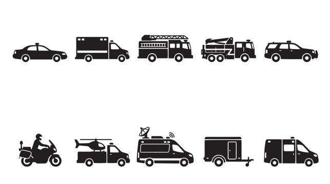 Emergency vehicle icons set, 10 black silhouette rescue transport symbols, police car and fire truck vector collection, first responder fleet graphics