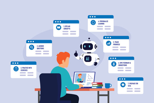 AI Education Assistant with Student and Robot for Personalized Learning and Exam Preparation 2d flat vector illustration