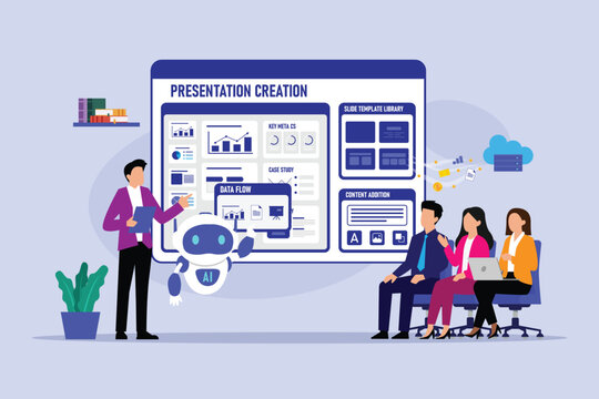 AI Presentation Creation Concept with Business People, Robot Assistant, Data Visualization, and Template Library 2d flat vector illustration